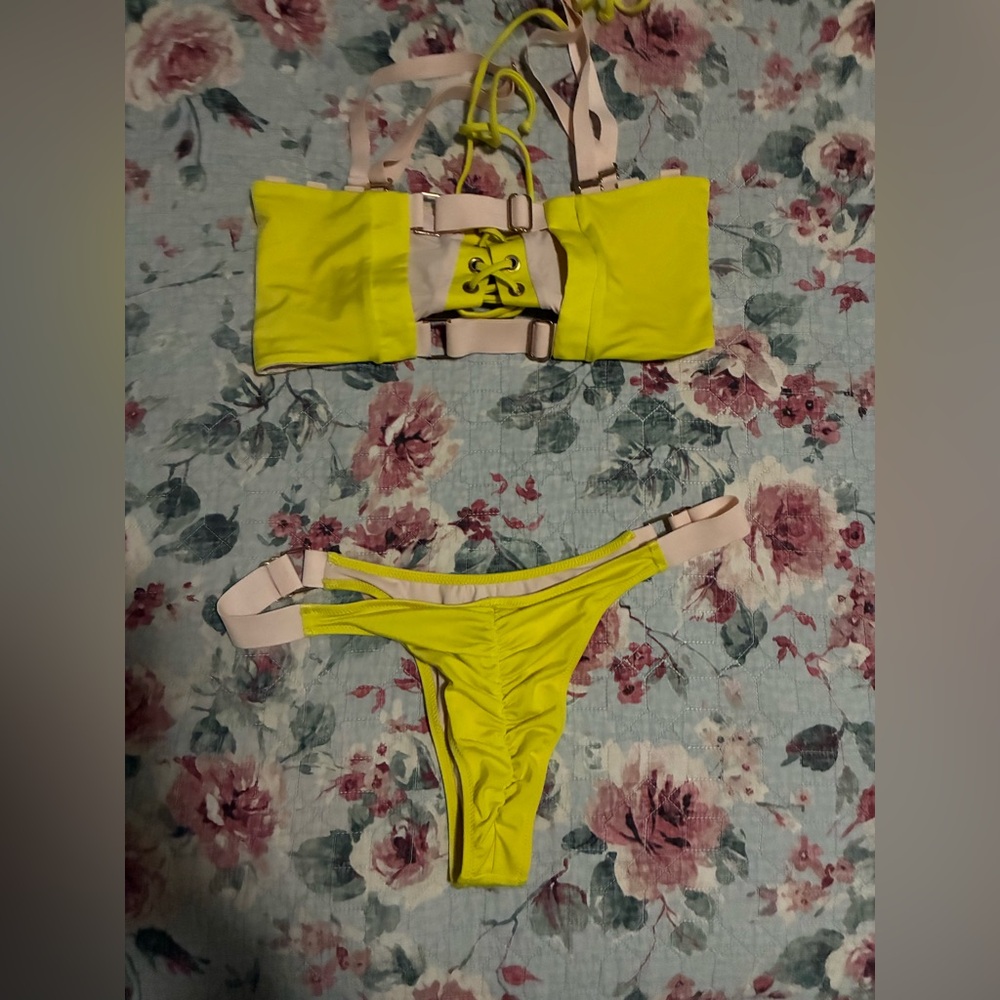 Neon Yellow Lace-Up Bandeau Bikini Set - Picture 2 of 4